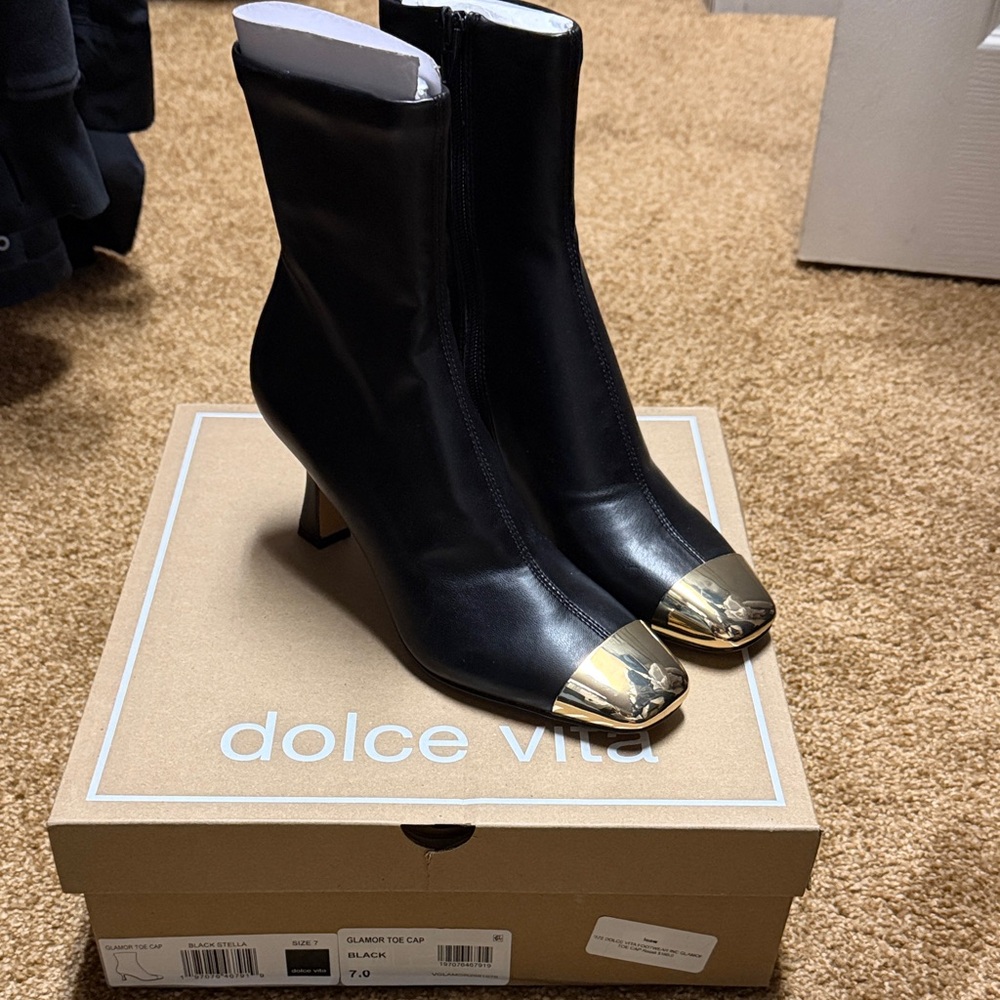 Dolce Vita Black Heeled Boots with Gold Toe